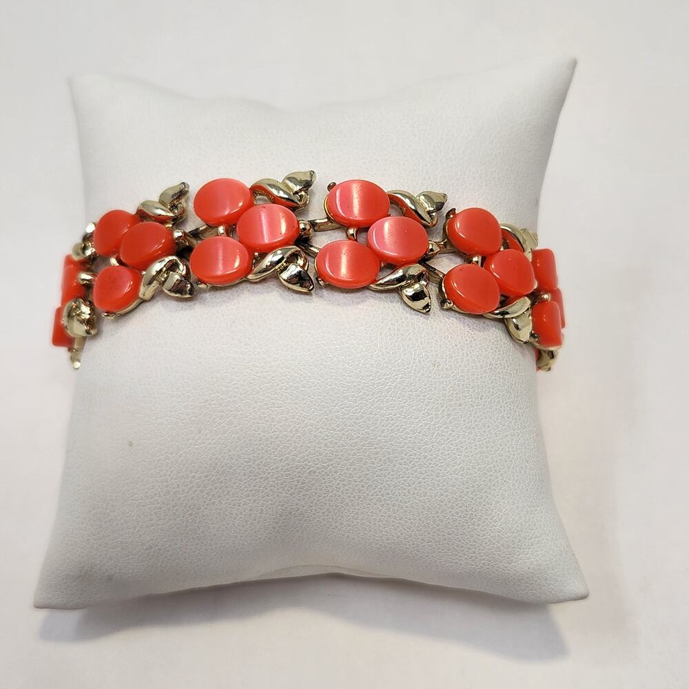 Orange Thermoset Gold Tone Leaf Panel Bracelet Safety Chain Vintage Jewelry